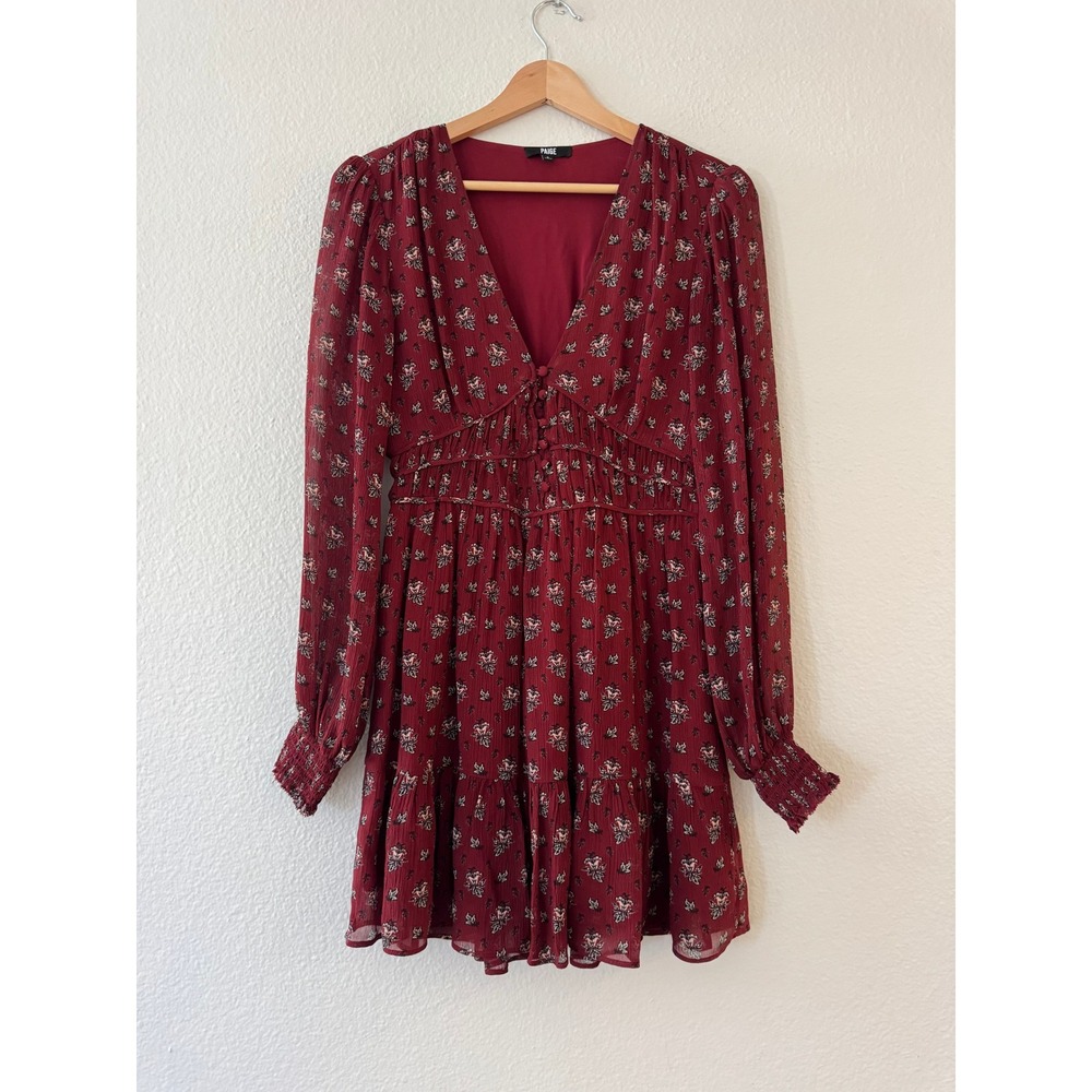 Paige Floral Mini Dress Smocked Waist V-Neck Long Sleeve Size 0 Burgundy Exc